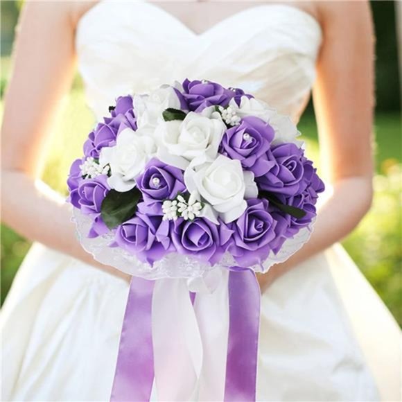 Wedding Bouquet for Bride, Artificial Purple Flower for Wedding,White & Lavender - Picture 2 of 7